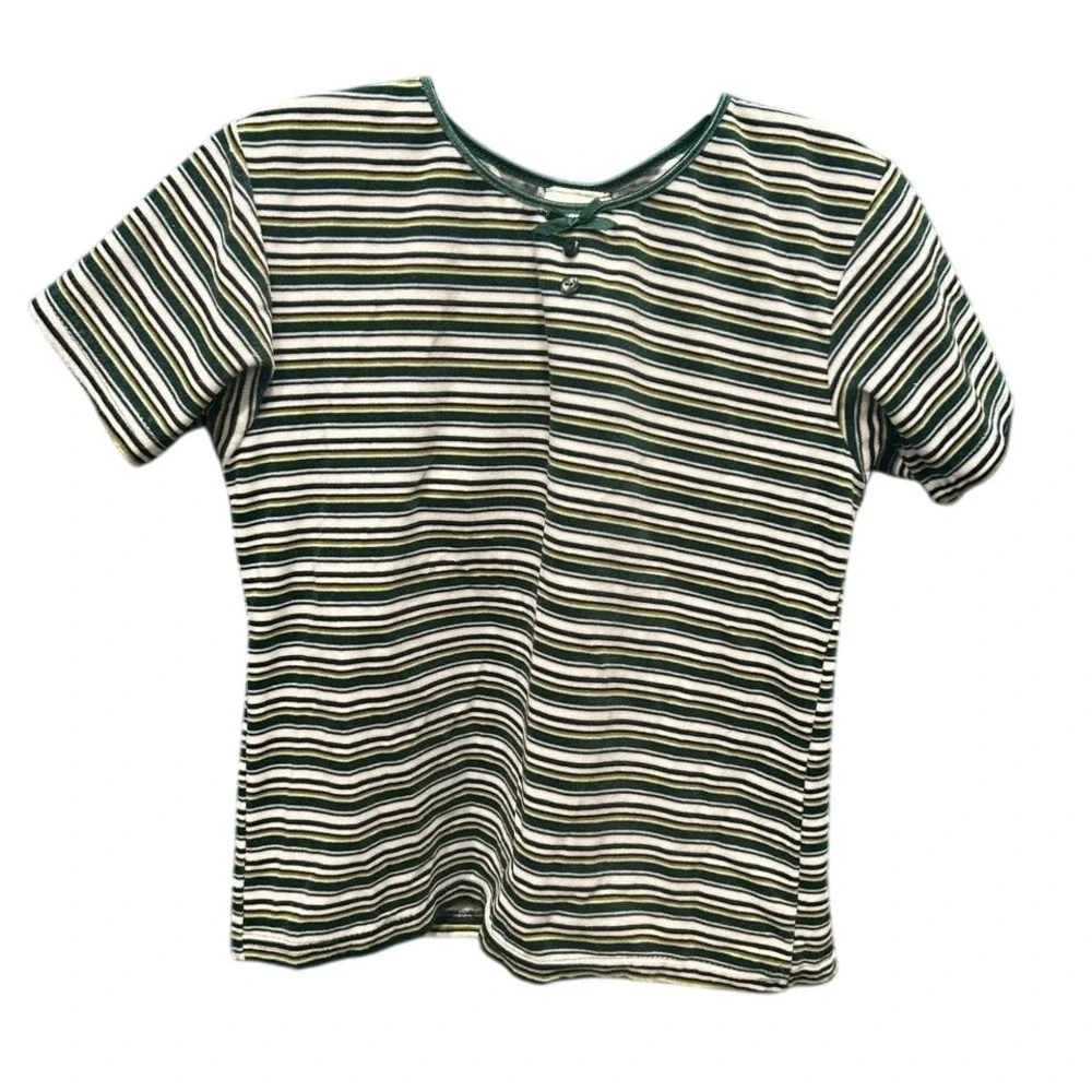 YOUTH/JUNIORS Y2K VELVET GREEN STRIPED BABY‎ TEE SIZE 12/14 OR ADULT XS